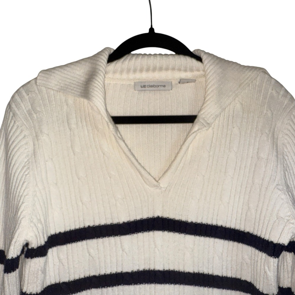 Liz Claiborne Striped Cable Knit Sweater L Coastal Grandmother Nautical Chic - Picture 9 of 12